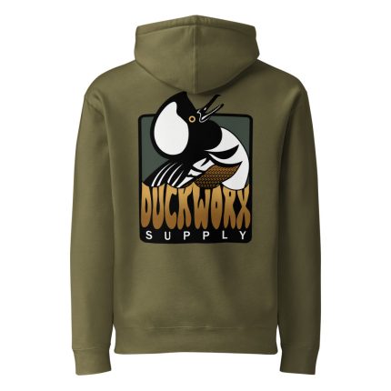 Duck Worx Supply Badge Hoodie in Army, back view